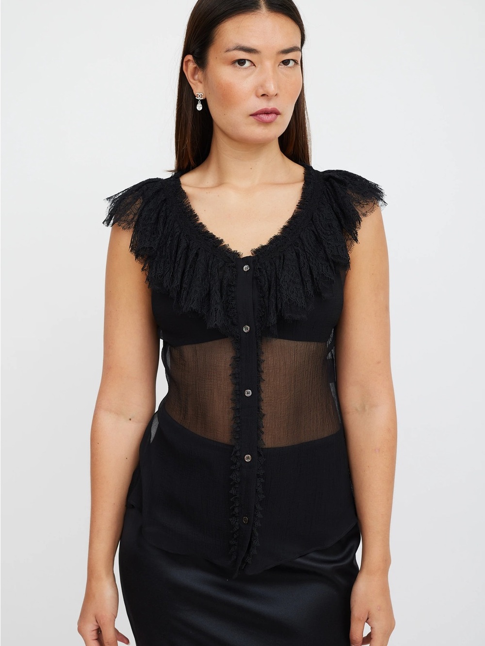 Alexander McQueen Black Lace Ruffle Sheer Sleeveless Blouse Sz 38 (US 2/4)